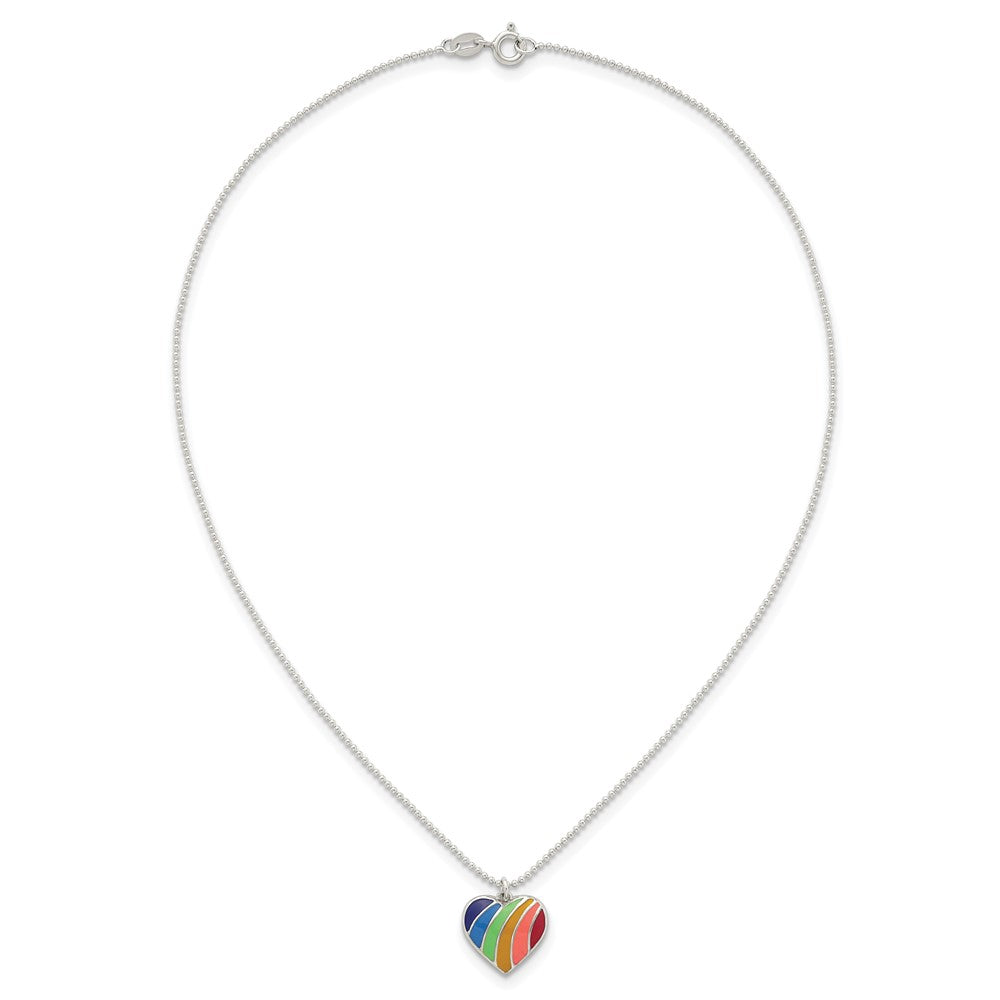 Sterling Silver Polished Enameled Rainbow Heart 16 inch Necklace
