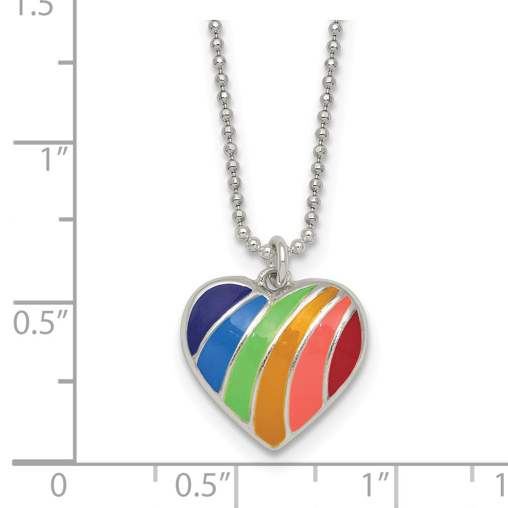 Sterling Silver Polished Enameled Rainbow Heart 16 inch Necklace