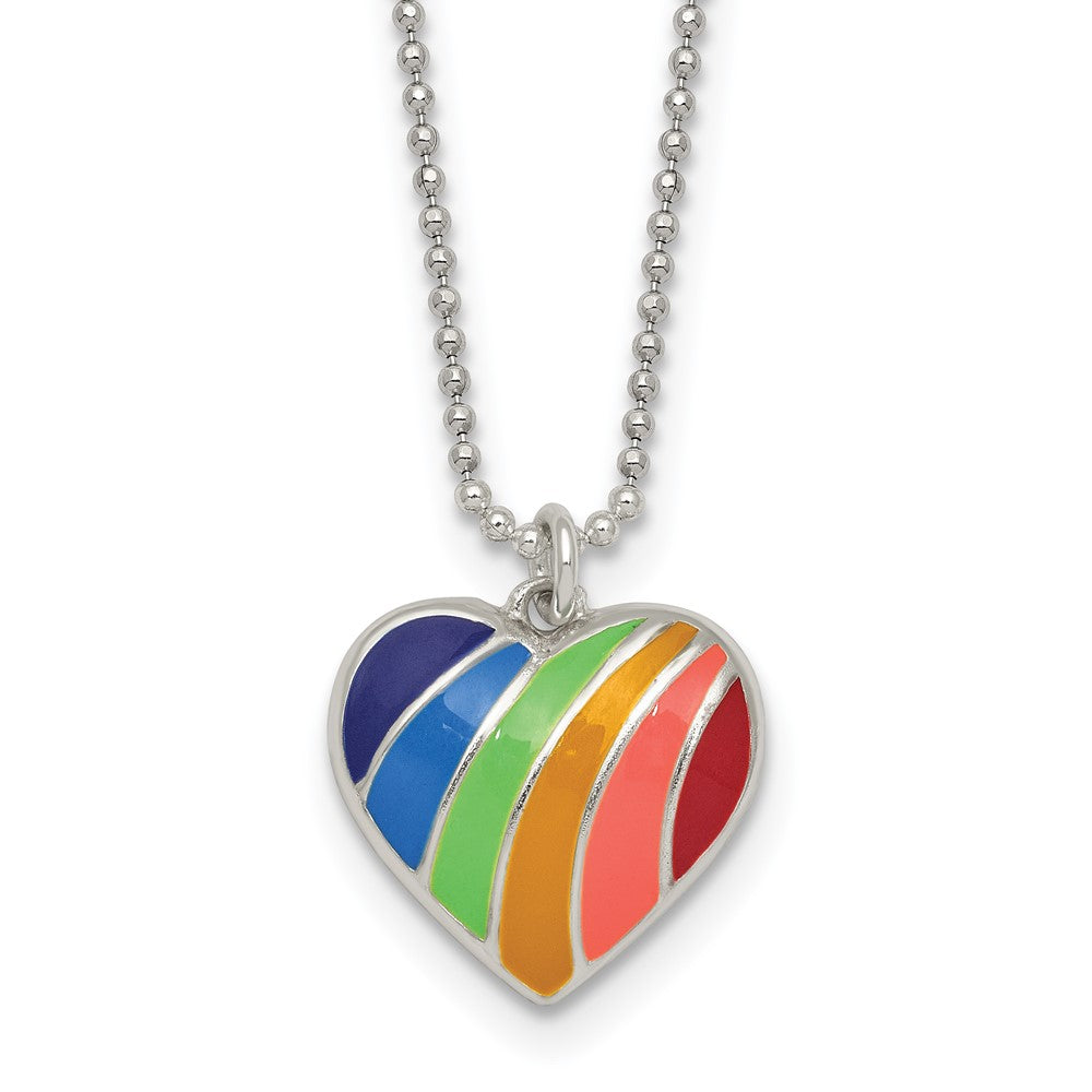 Sterling Silver Polished Enameled Rainbow Heart 16 inch Necklace