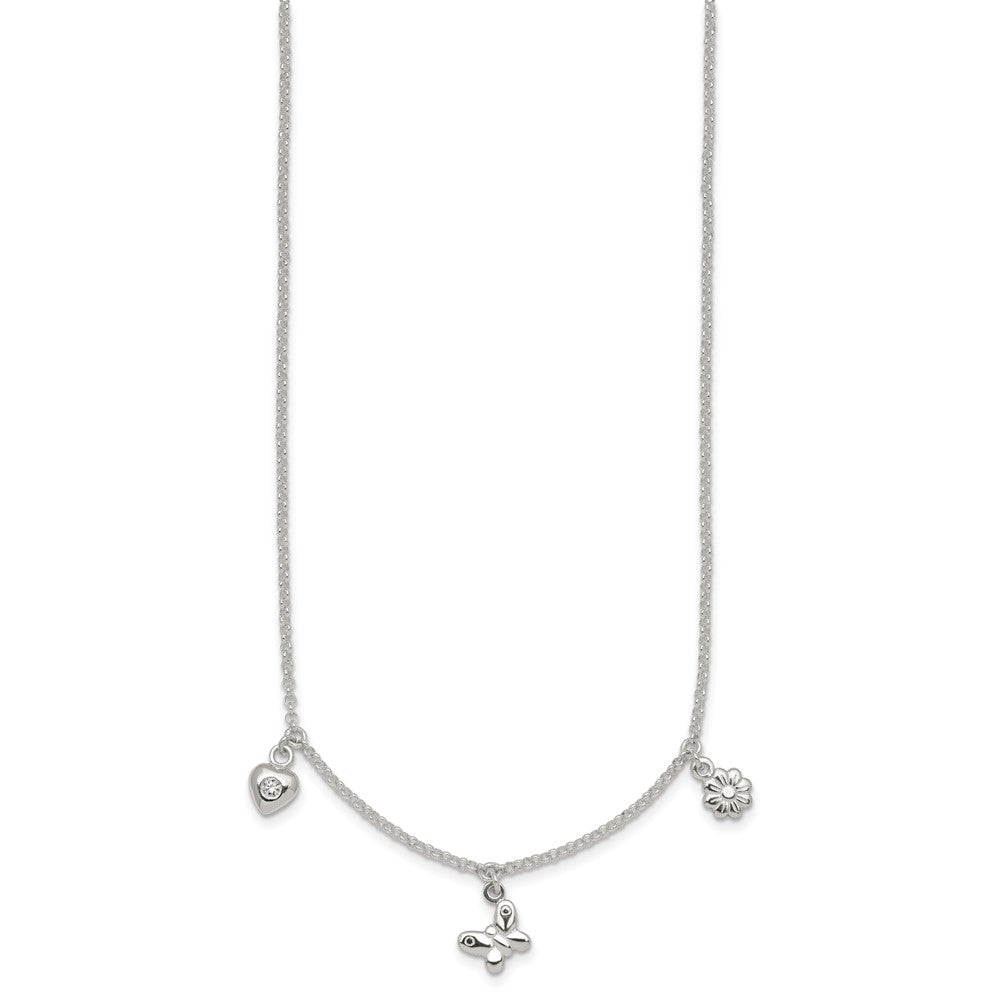 SS Polished CZ Heart Flower and Butterfly14 Inch w/1 inch Ext Necklace