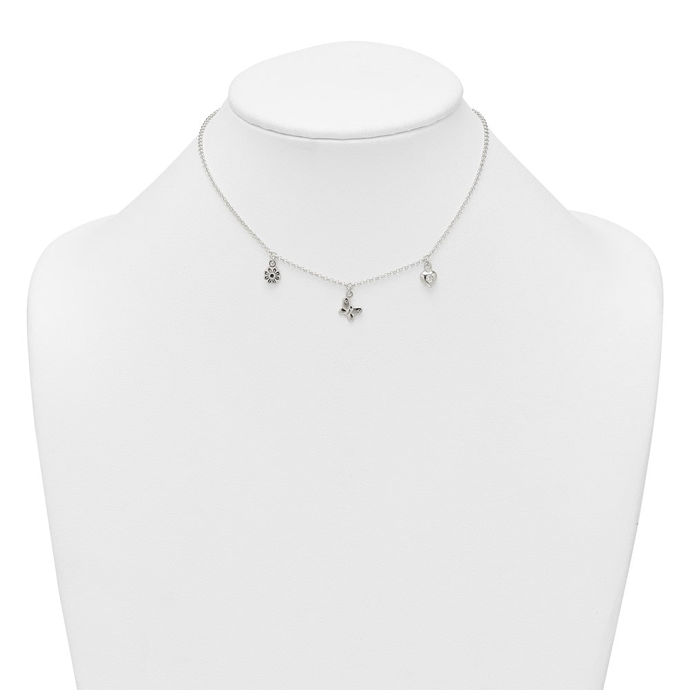 SS Polished CZ Heart Flower and Butterfly14 Inch w/1 inch Ext Necklace