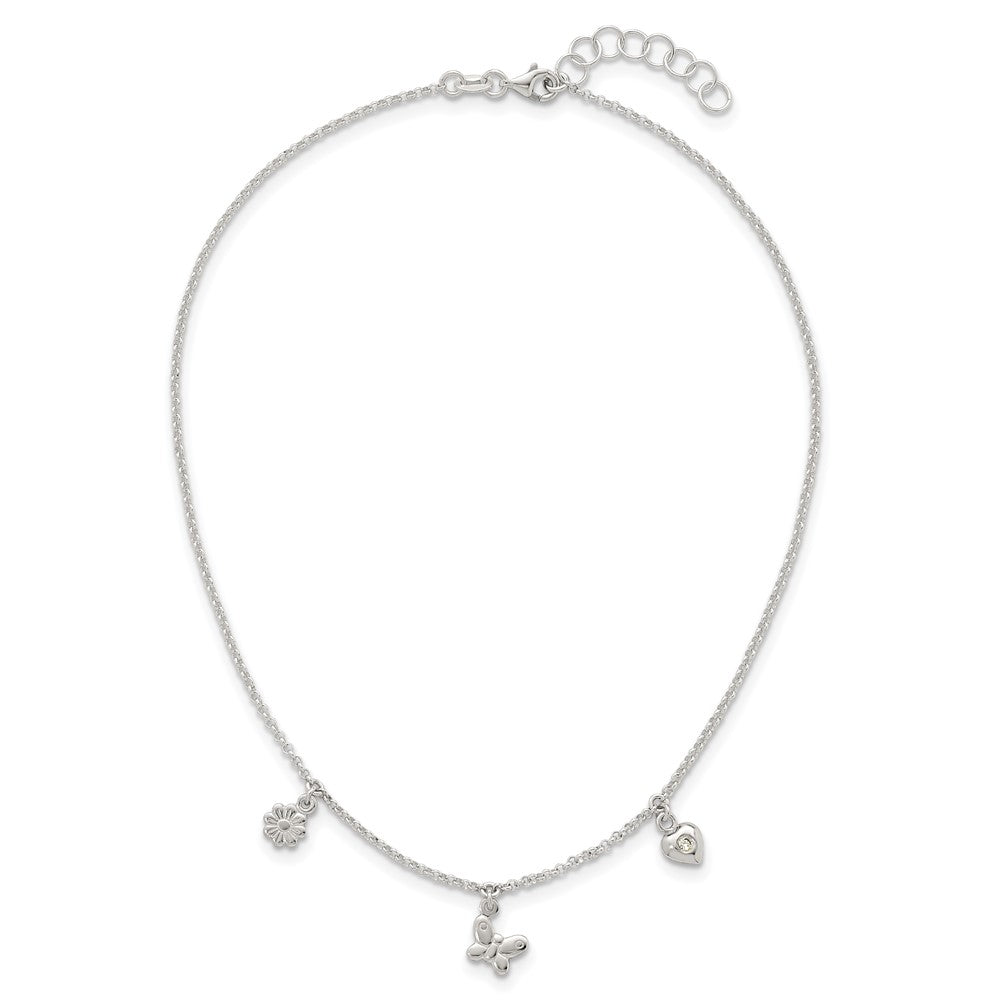 SS Polished CZ Heart Flower and Butterfly14 Inch w/1 inch Ext Necklace