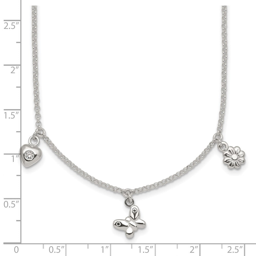 SS Polished CZ Heart Flower and Butterfly14 Inch w/1 inch Ext Necklace