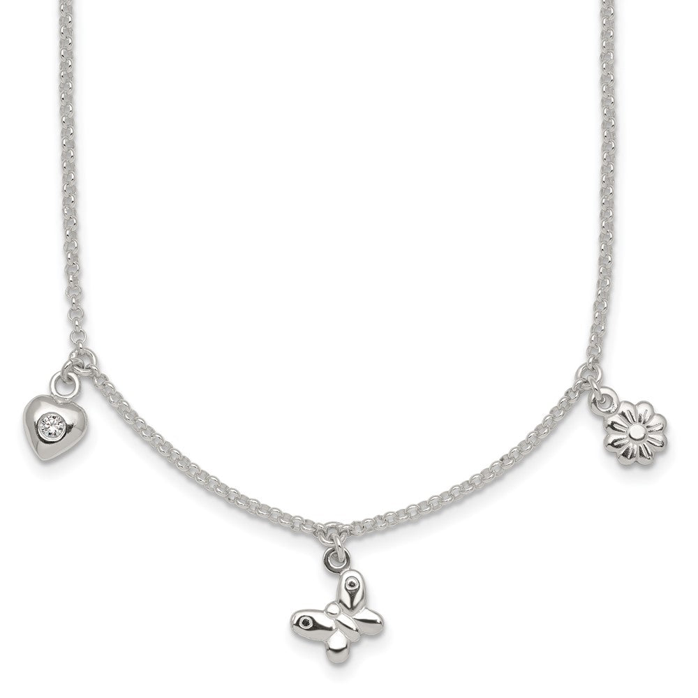 SS Polished CZ Heart Flower and Butterfly14 Inch w/1 inch Ext Necklace