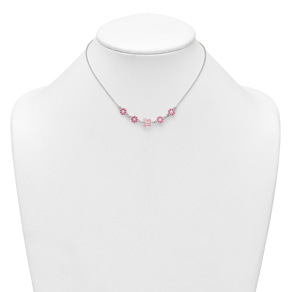 Sterling Silver Pink Glass Butterfly and Enameled Flowers 14in Necklace