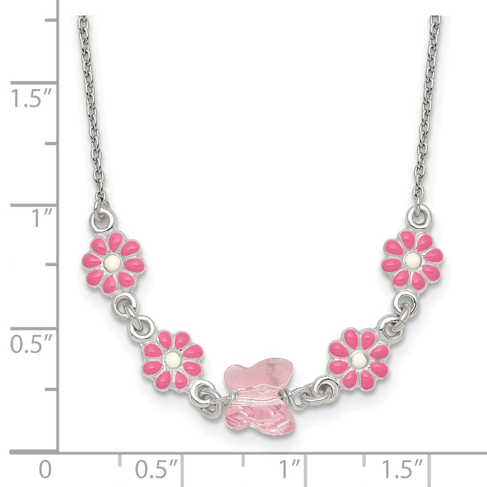 Sterling Silver Pink Glass Butterfly and Enameled Flowers 14in Necklace