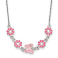 Sterling Silver Pink Glass Butterfly and Enameled Flowers 14in Necklace