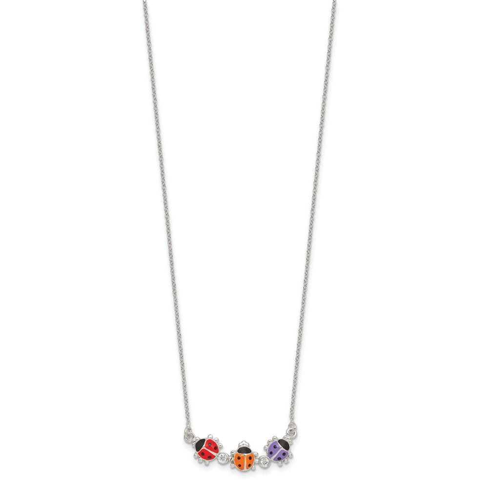 Sterling Silver CZ and Enameled Multi-color Ladybug 14 Inch Necklace