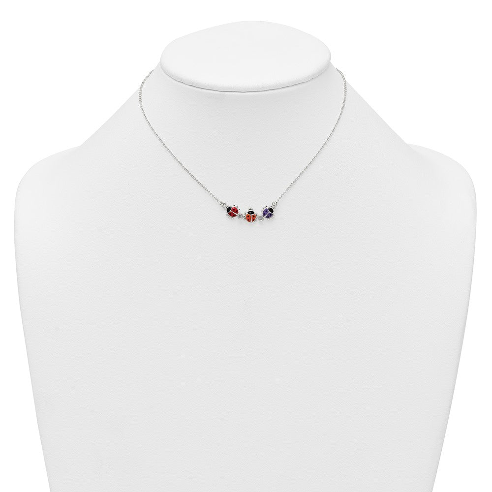 Sterling Silver CZ and Enameled Multi-color Ladybug 14 Inch Necklace