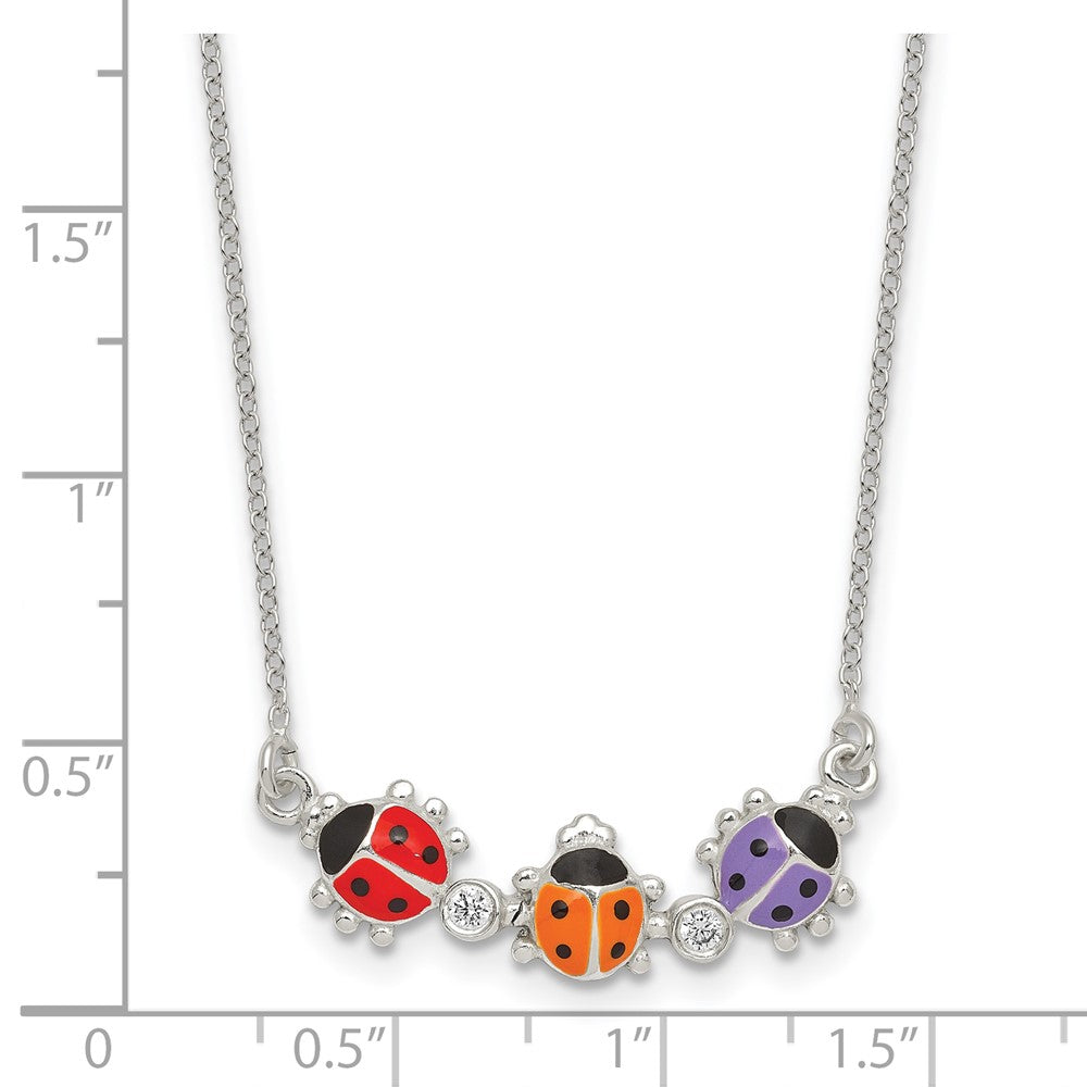 Sterling Silver CZ and Enameled Multi-color Ladybug 14 Inch Necklace