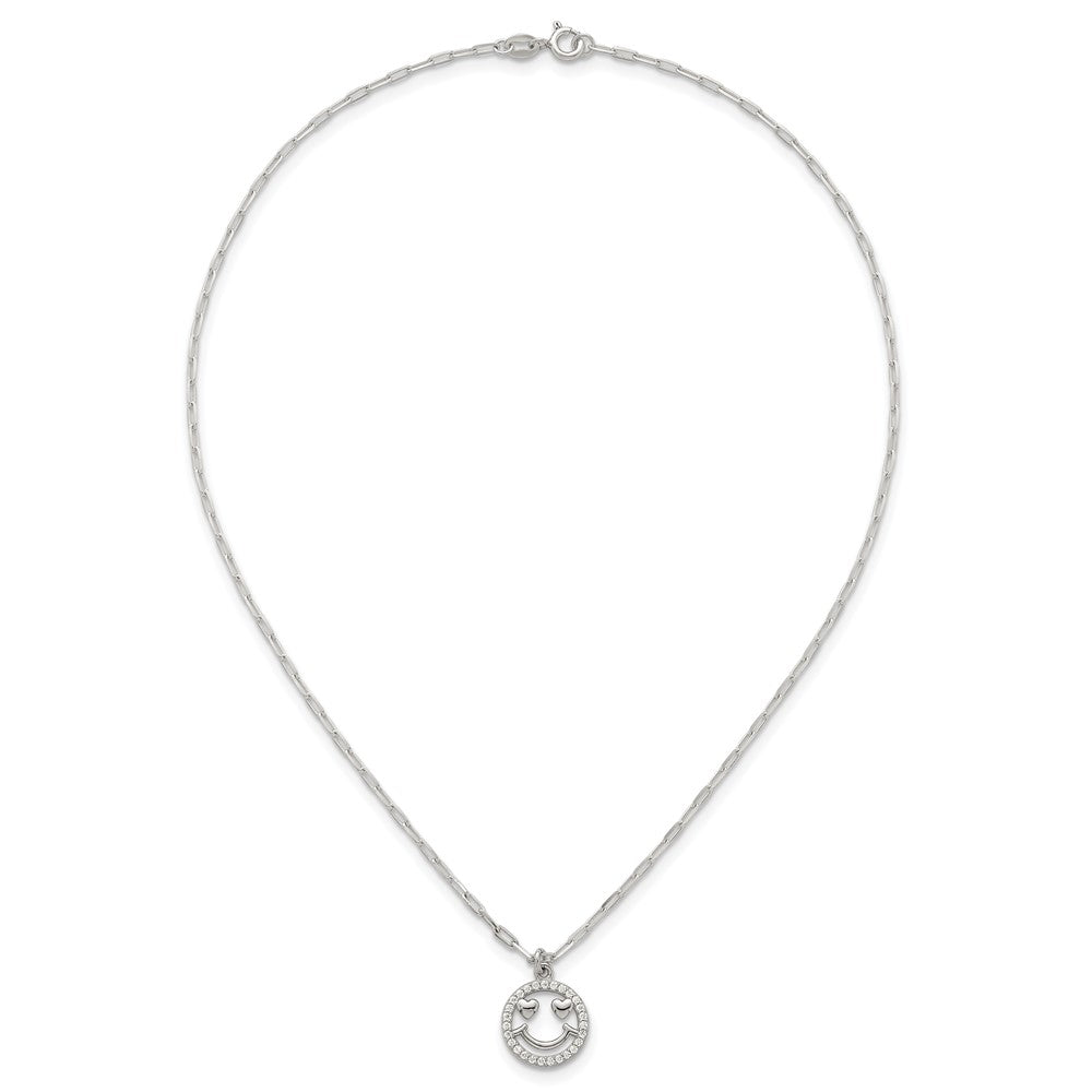 Sterling Silver Polished CZ Heart Eyes Smiley Face Necklace