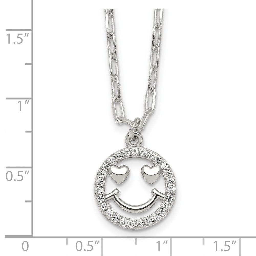 Sterling Silver Polished CZ Heart Eyes Smiley Face Necklace