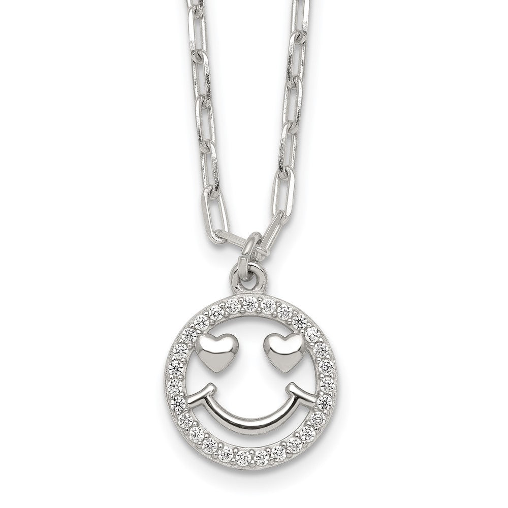 Sterling Silver Polished CZ Heart Eyes Smiley Face Necklace