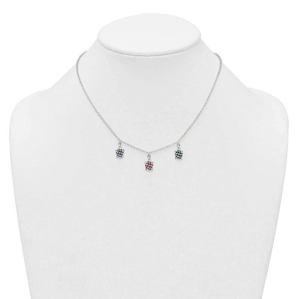 Sterling Silver Polished Green Red and Blue Nano Crystal Turtles Necklace