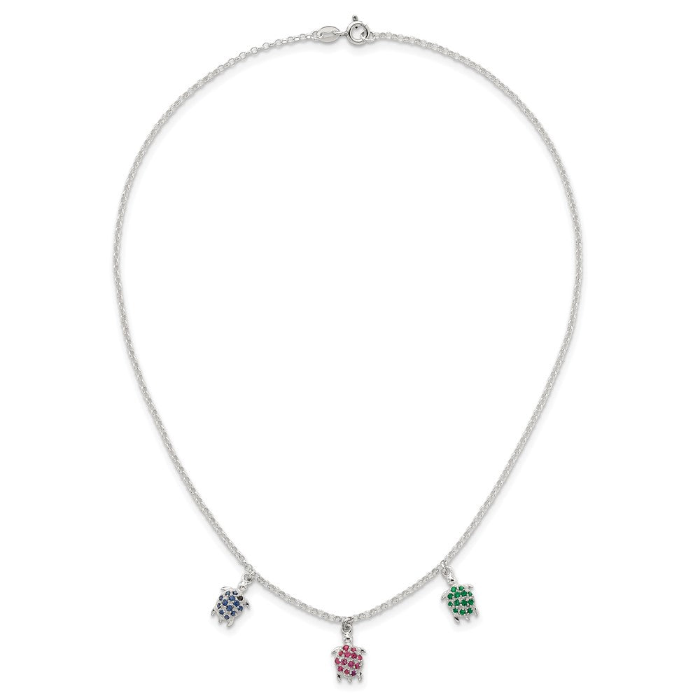 Sterling Silver Polished Green Red and Blue Nano Crystal Turtles Necklace