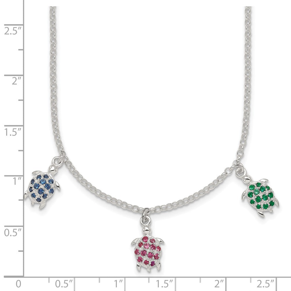 Sterling Silver Polished Green Red and Blue Nano Crystal Turtles Necklace