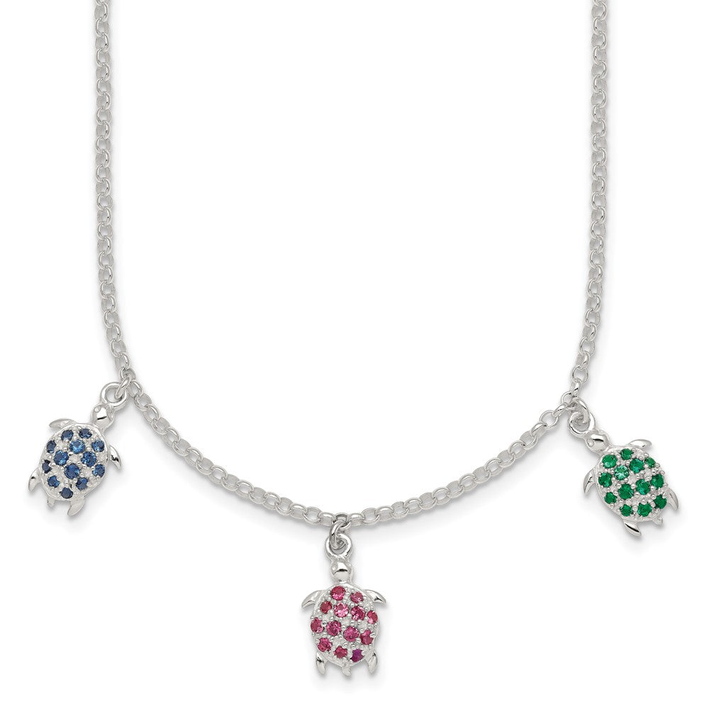 Sterling Silver Polished Green Red and Blue Nano Crystal Turtles Necklace