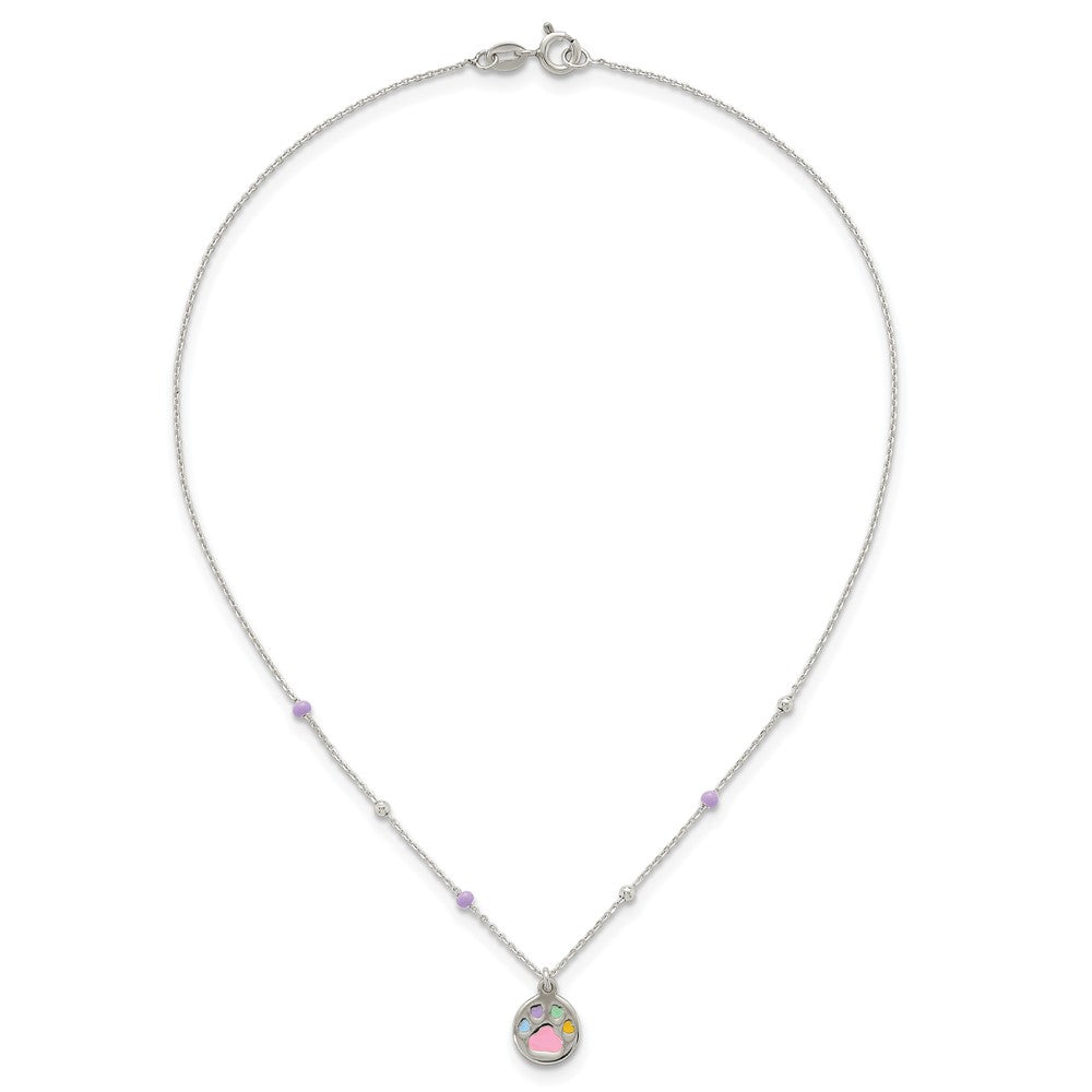 Sterling Silver Beaded Enameled Heart Pawprint 14 Inch Necklace