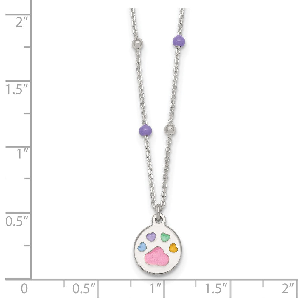 Sterling Silver Beaded Enameled Heart Pawprint 14 Inch Necklace