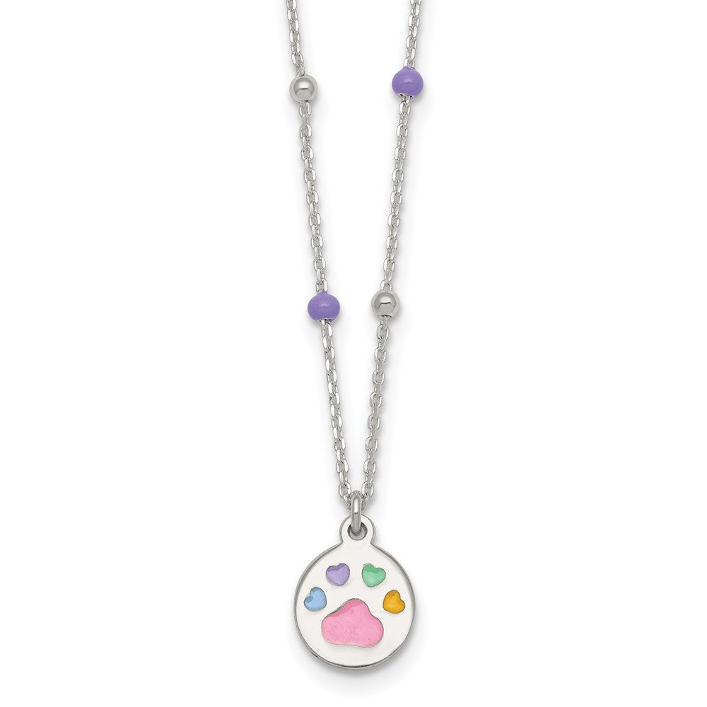 Sterling Silver Beaded Enameled Heart Pawprint 14 Inch Necklace