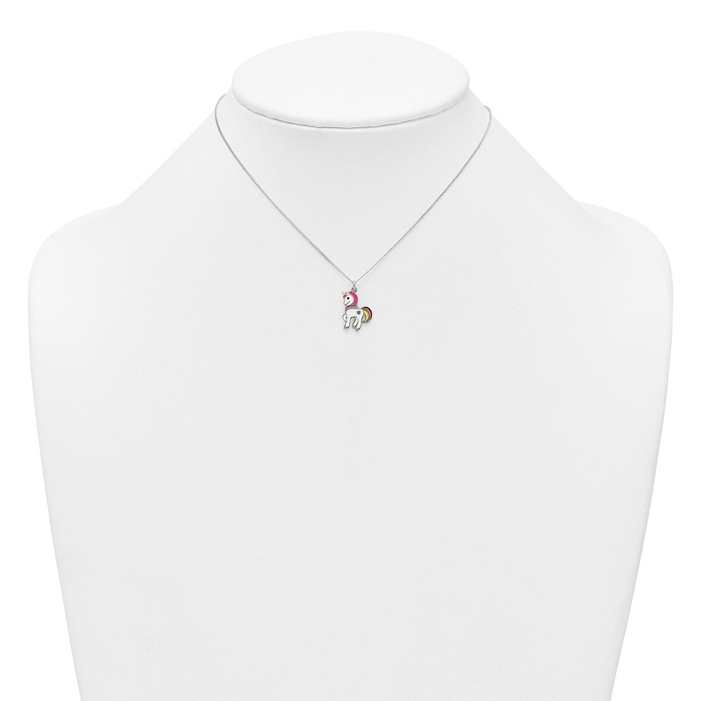 Sterling Silver Polished Enameled Unicorn 14 Inch Necklace
