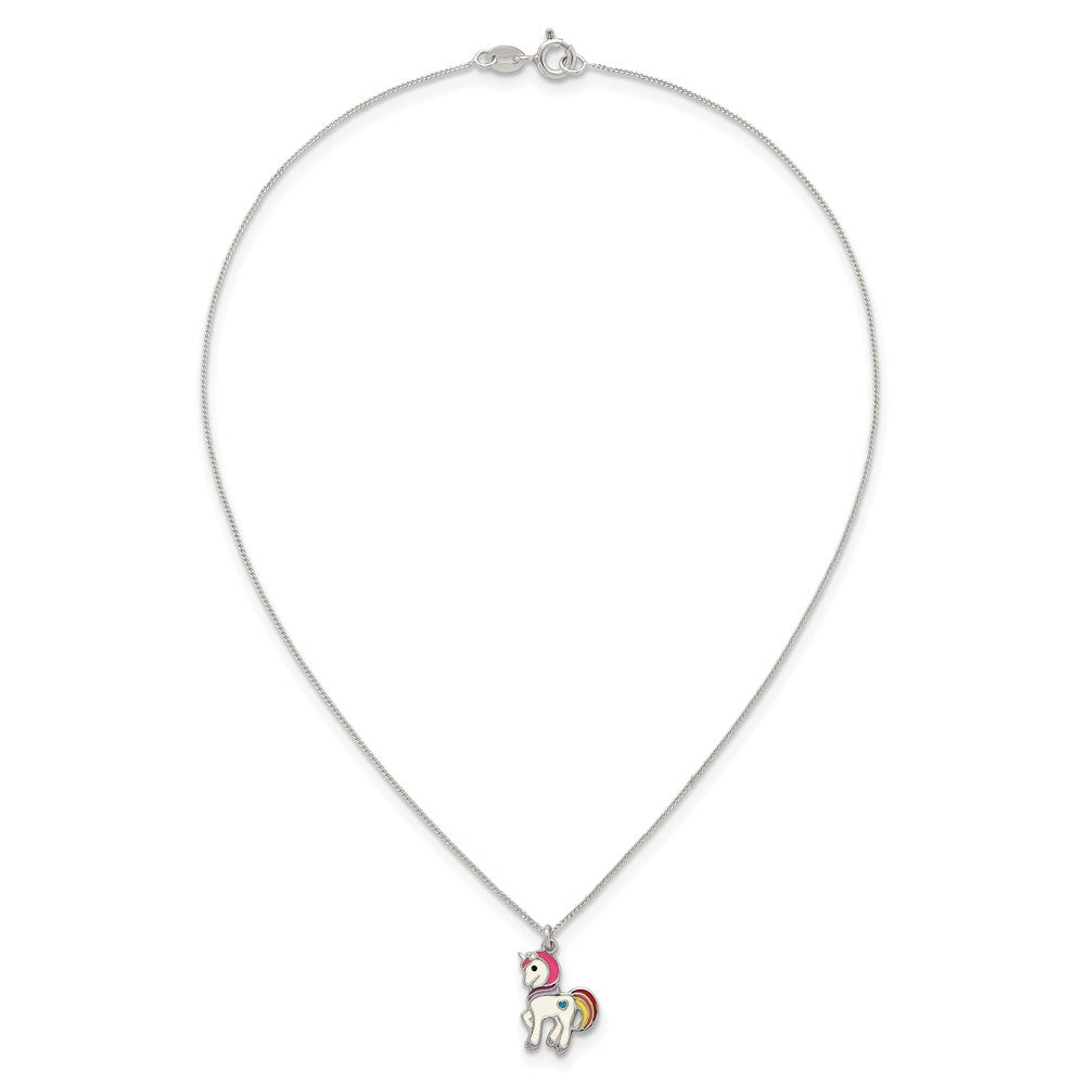 Sterling Silver Polished Enameled Unicorn 14 Inch Necklace