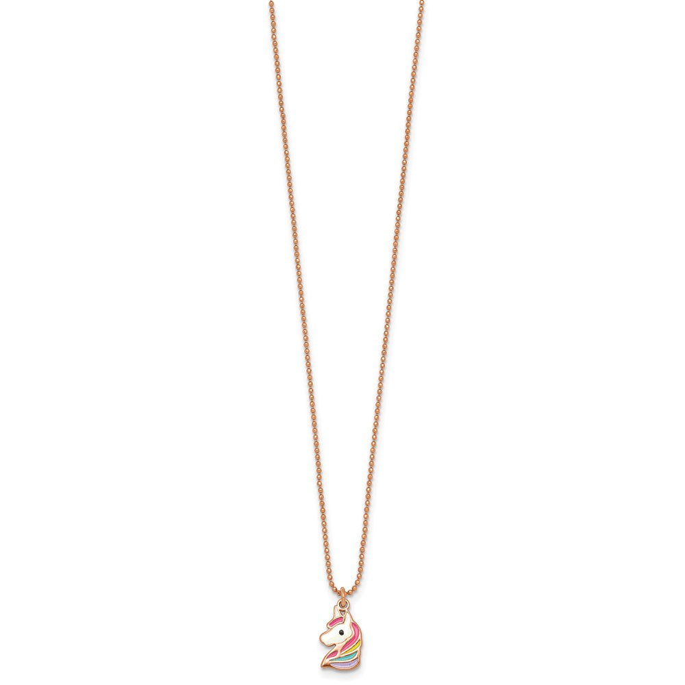 Sterling Silver Rose Gold-plated Polished Enameled Unicorn 14 Inch Necklace