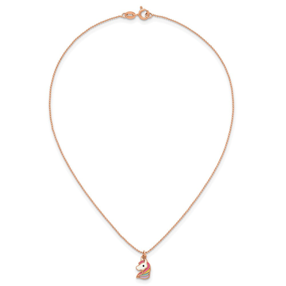Sterling Silver Rose Gold-plated Polished Enameled Unicorn 14 Inch Necklace