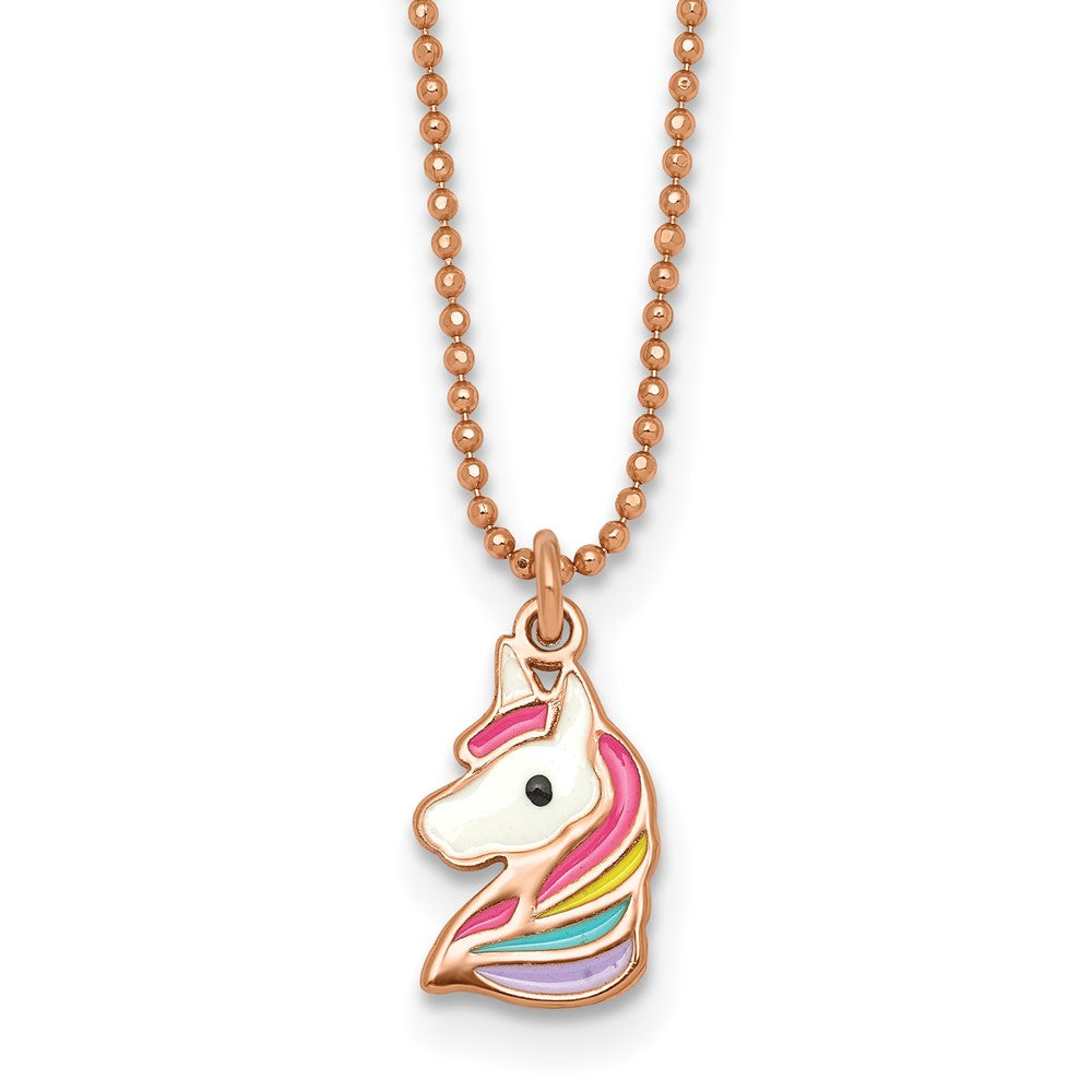 Sterling Silver Rose Gold-plated Polished Enameled Unicorn 14 Inch Necklace