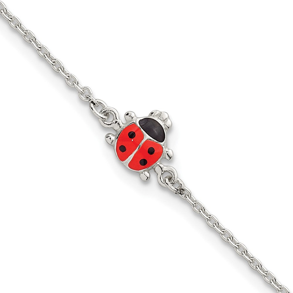 Sterling Silver Polished Enamel Ladybug 5.5 Inch w/ 1in Ext Bracelet