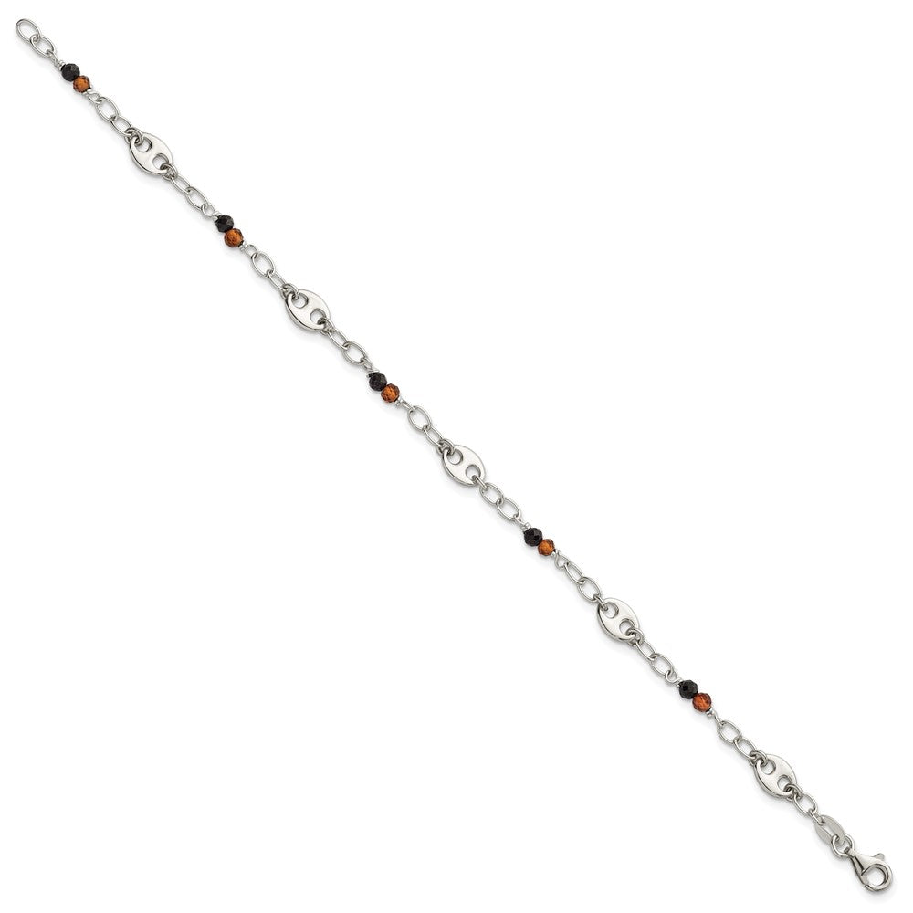 Sterling Silver Polished Garnet and Spinel Puffed Mariner Link Bracelet