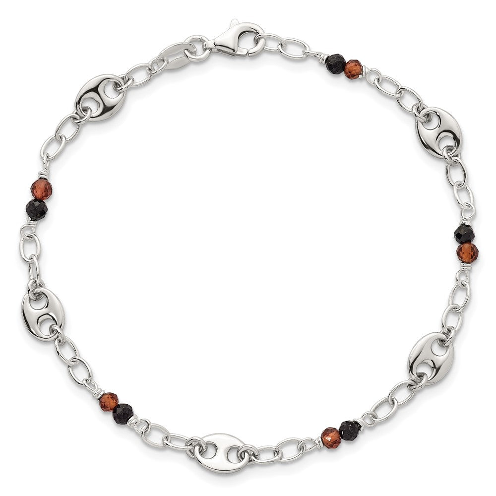 Sterling Silver Polished Garnet and Spinel Puffed Mariner Link Bracelet
