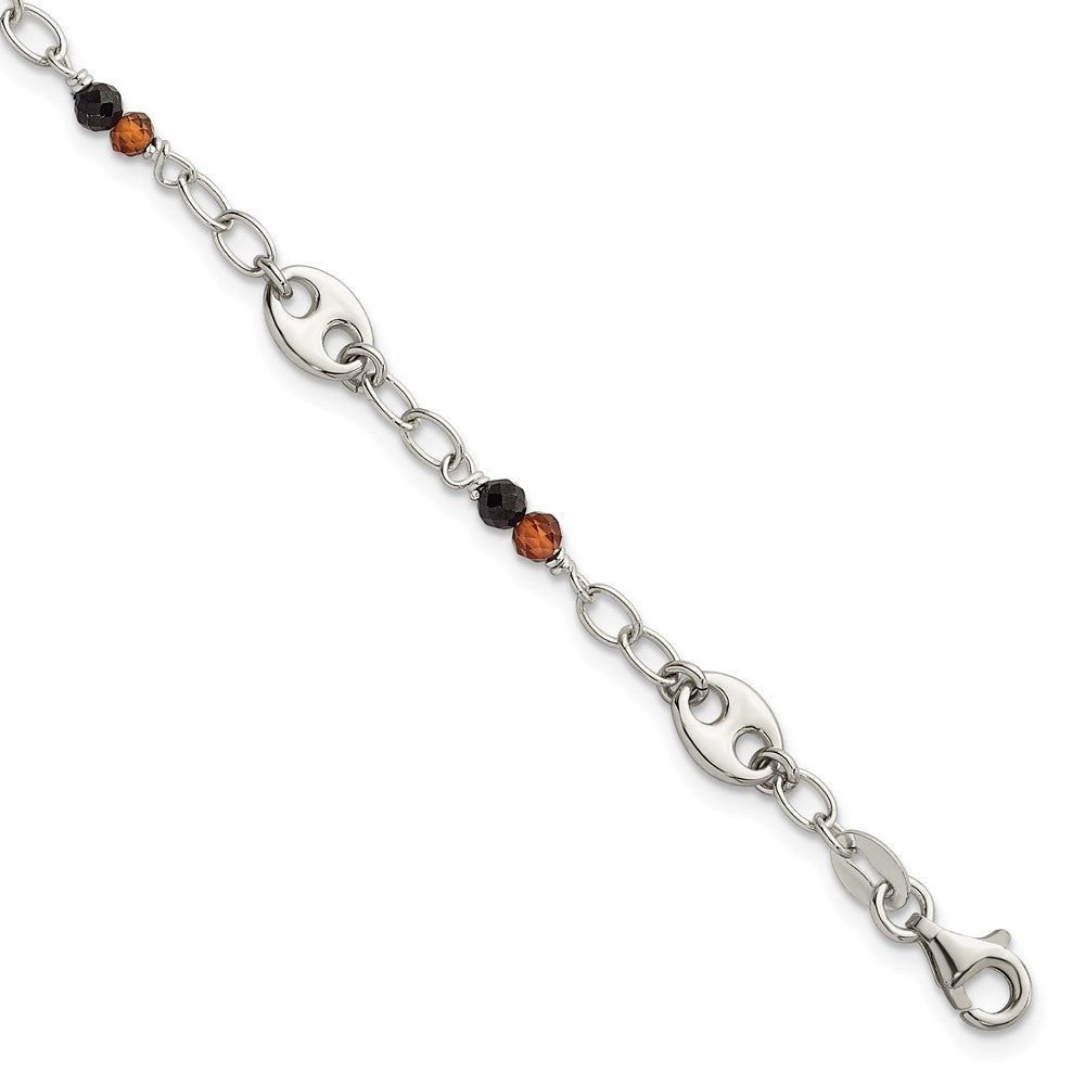 Sterling Silver Polished Garnet and Spinel Puffed Mariner Link Bracelet