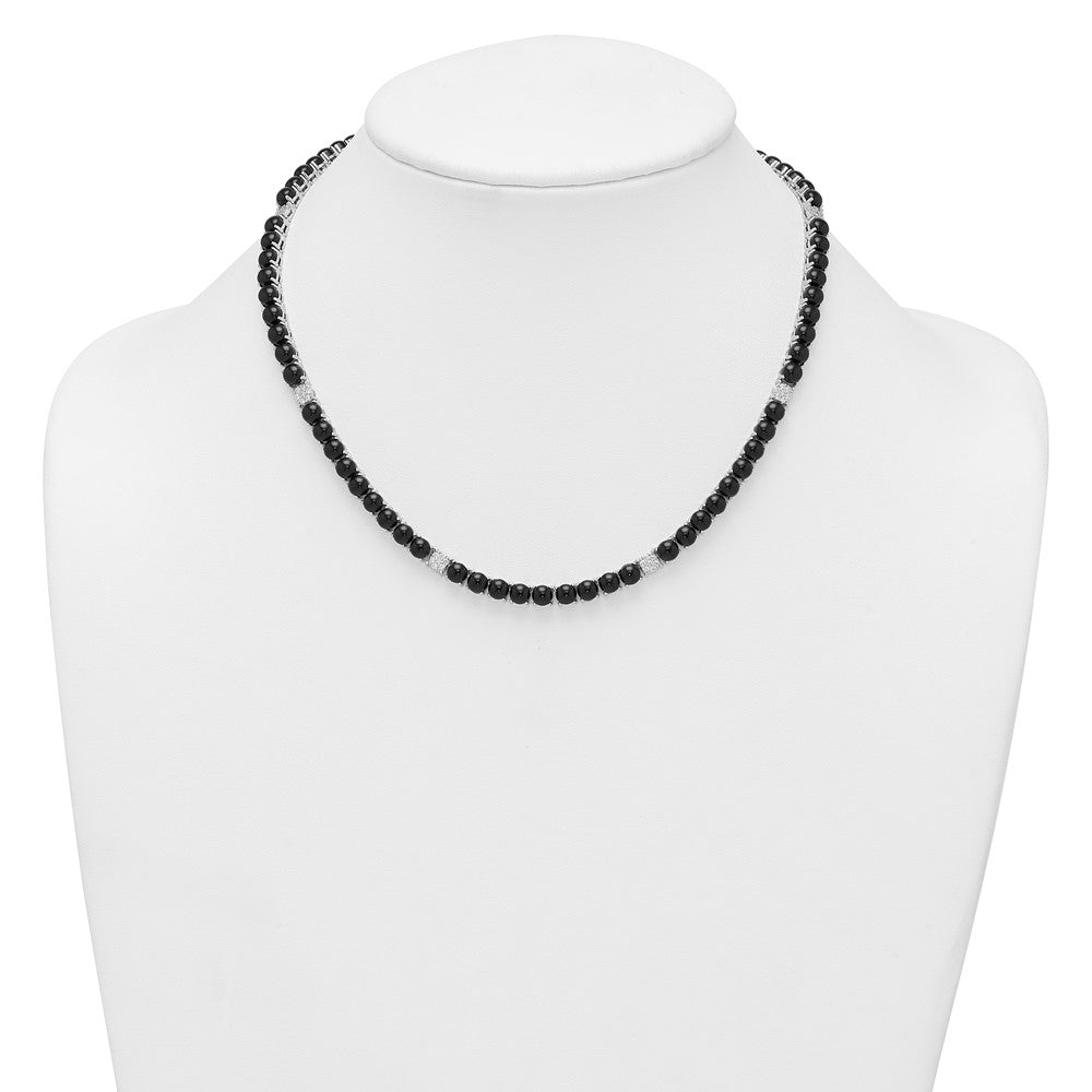 Sterling Silver RH-plated Polished CZ and Onyx w/ Ext Necklace