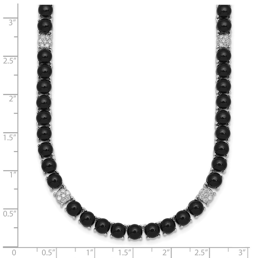 Sterling Silver RH-plated Polished CZ and Onyx w/ Ext Necklace