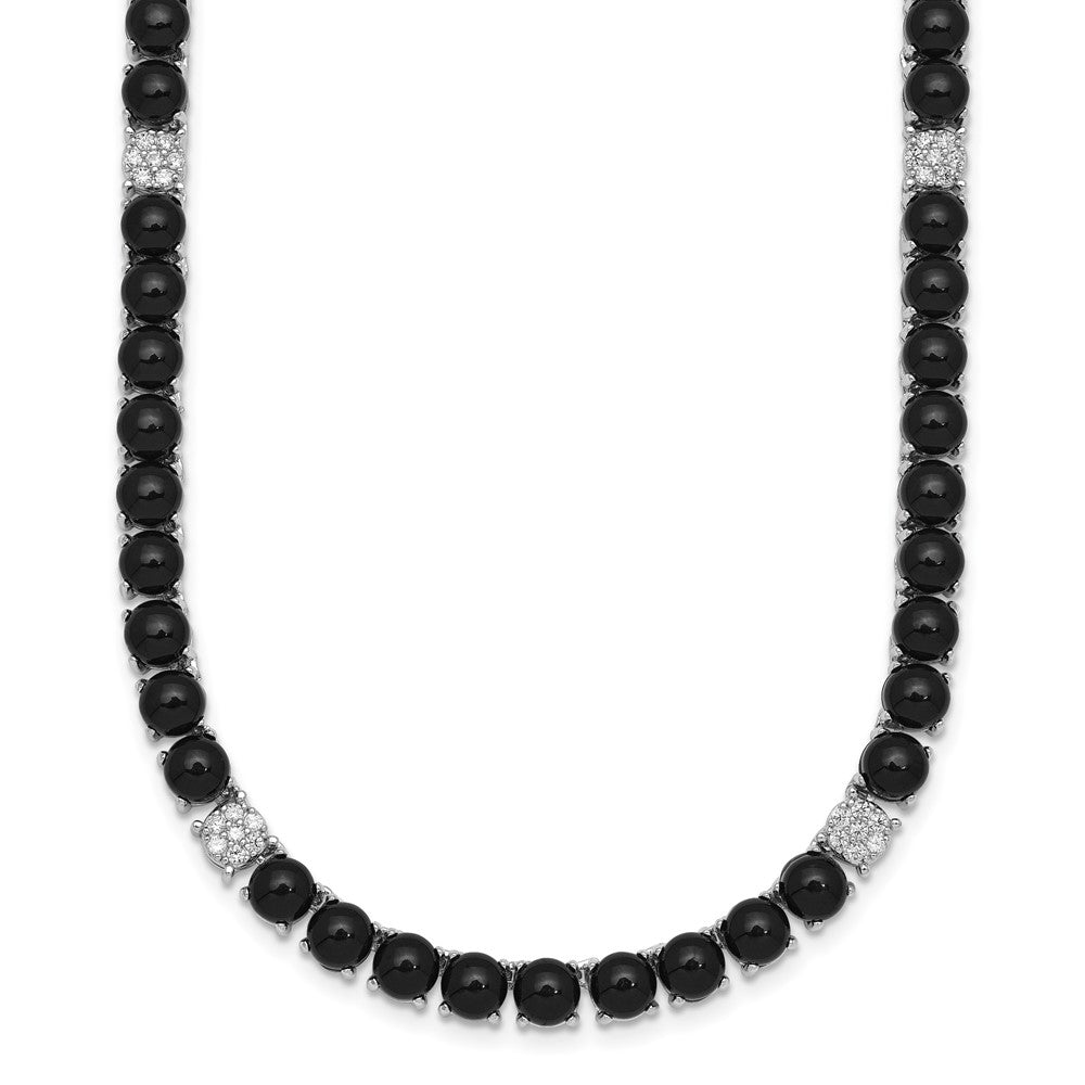 Sterling Silver RH-plated Polished CZ and Onyx w/ Ext Necklace