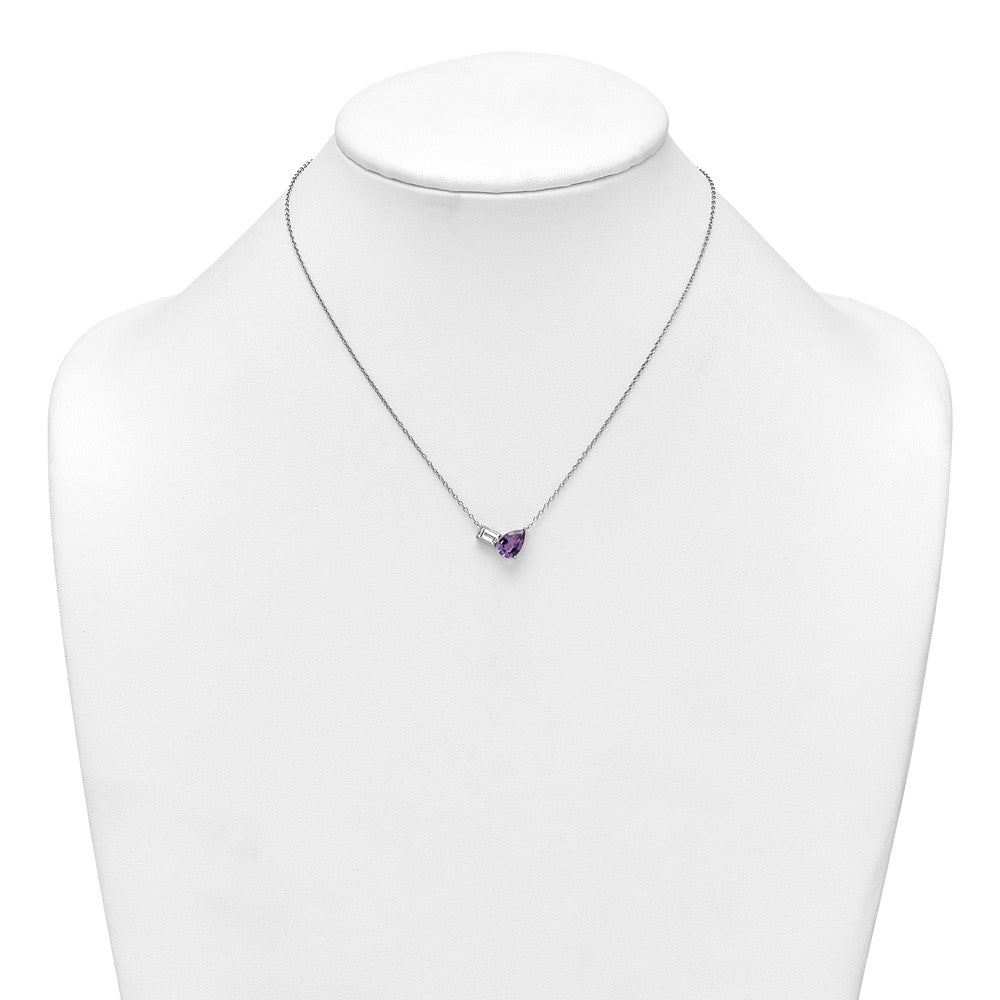 SS RH-pltd Amethyst and White Topaz Pear Rectangle 16in w/2in Ext Necklace