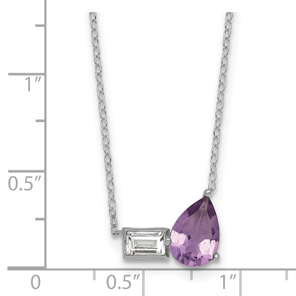 SS RH-pltd Amethyst and White Topaz Pear Rectangle 16in w/2in Ext Necklace