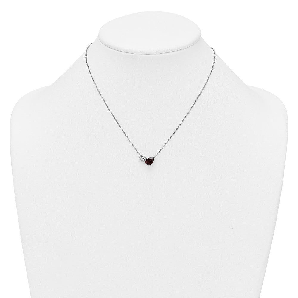 SS RH-pltd Garnet and White Topaz Pear Rectangle 16in w/ 2in Ext Necklace