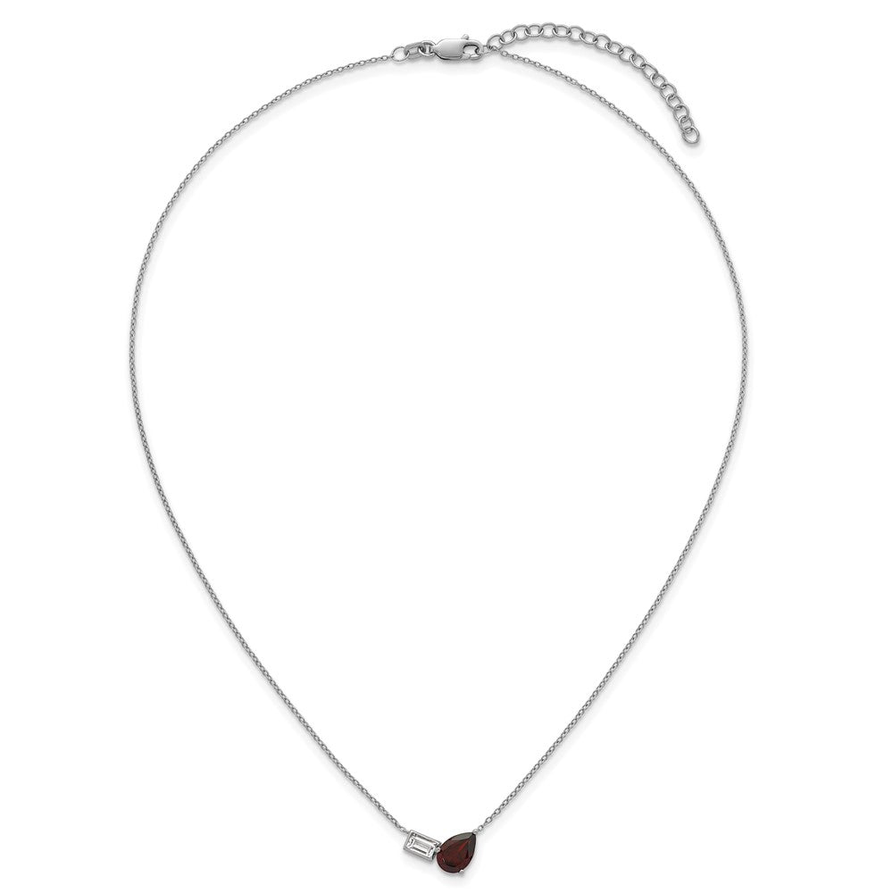 SS RH-pltd Garnet and White Topaz Pear Rectangle 16in w/ 2in Ext Necklace