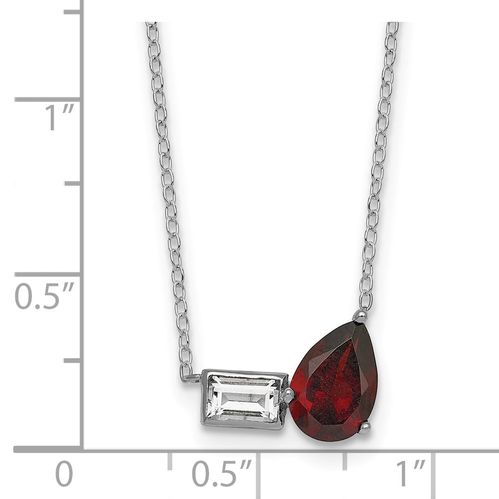 SS RH-pltd Garnet and White Topaz Pear Rectangle 16in w/ 2in Ext Necklace