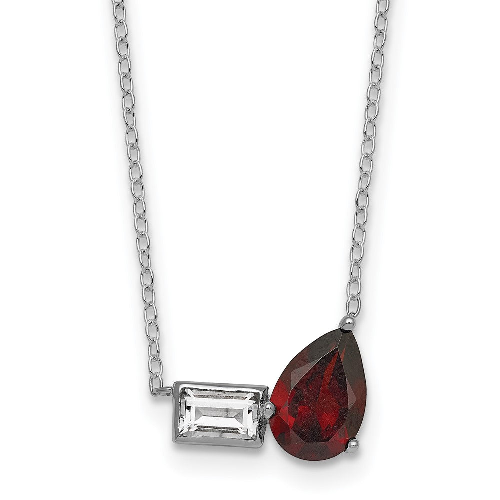 SS RH-pltd Garnet and White Topaz Pear Rectangle 16in w/ 2in Ext Necklace