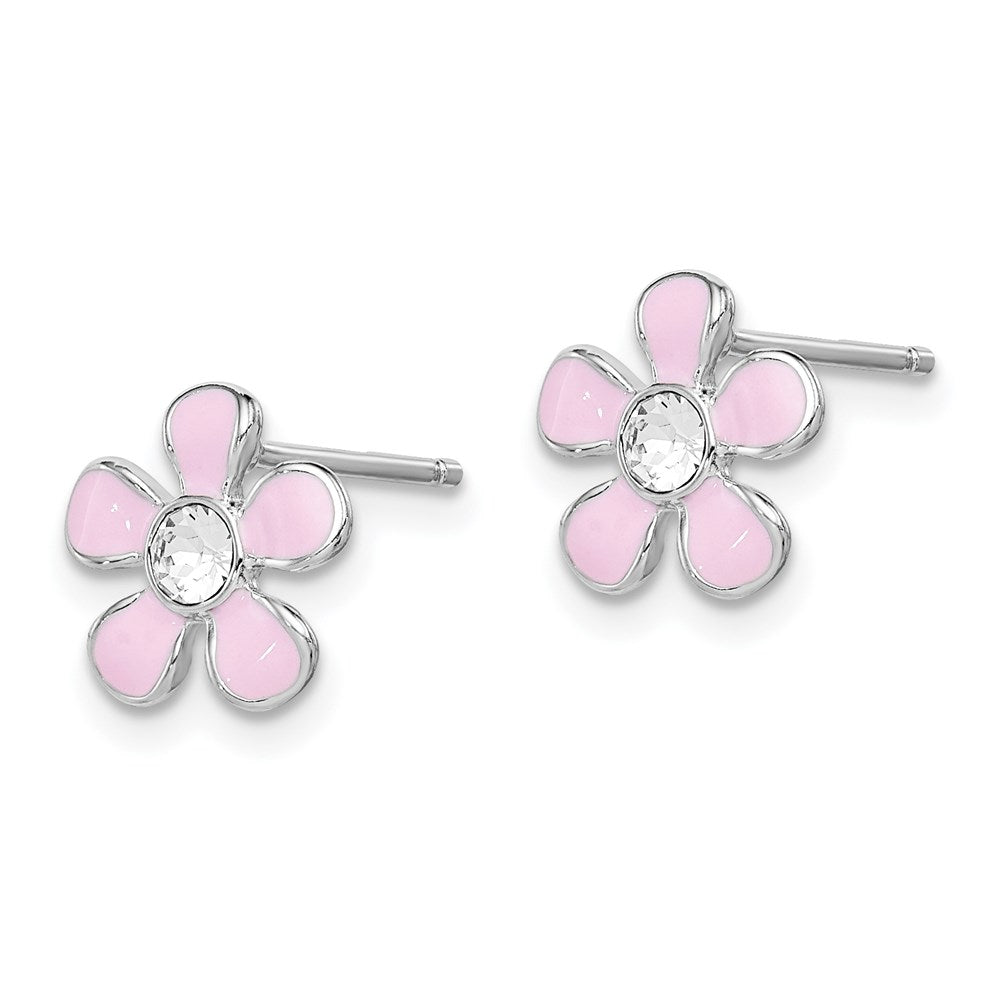 Sterling Silver RH-plated Madi K Pink Enamel/Crystal Flower Post Earrings