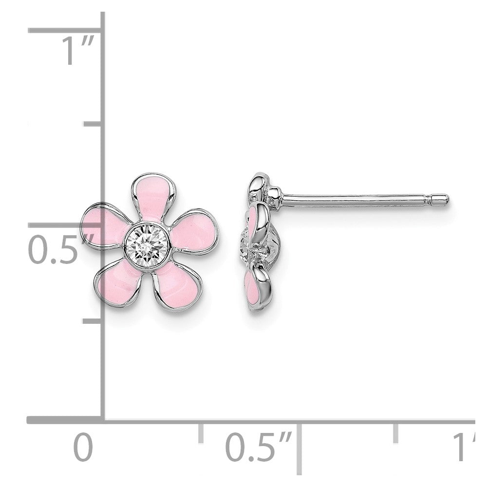 Sterling Silver RH-plated Madi K Pink Enamel/Crystal Flower Post Earrings
