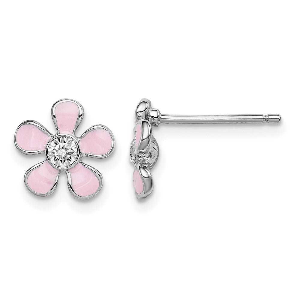 Sterling Silver RH-plated Madi K Pink Enamel/Crystal Flower Post Earrings