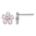 Sterling Silver RH-plated Madi K Pink Enamel/Crystal Flower Post Earrings