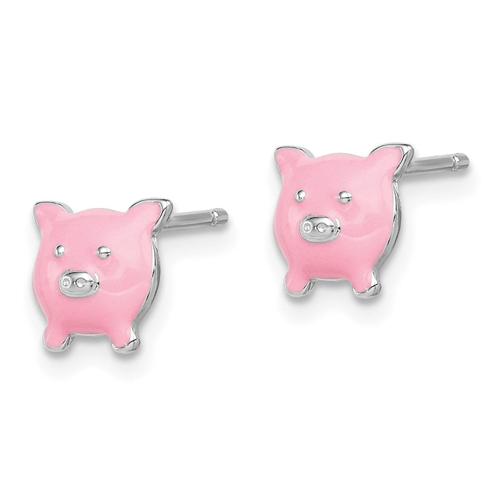 Sterling Silver Madi K RH-plated Enamel Pink Pig Post Earrings