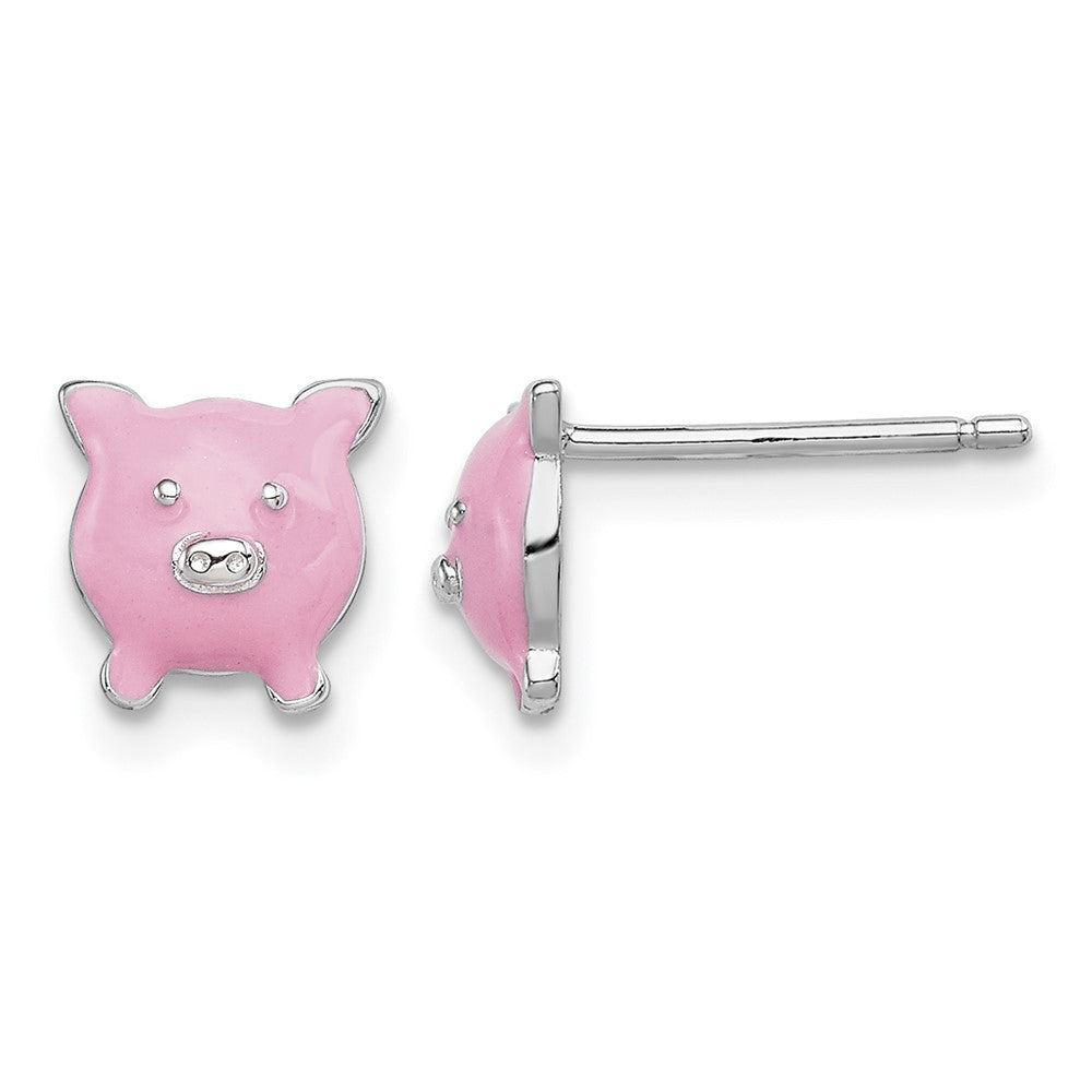 Sterling Silver Madi K RH-plated Enamel Pink Pig Post Earrings