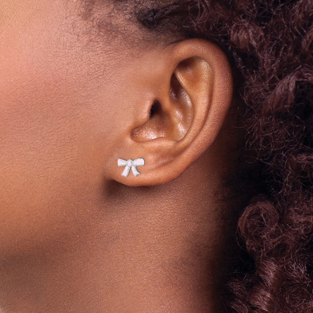 Sterling Silver Madi K RH-plated Pink Enamel Bow Post Earrings