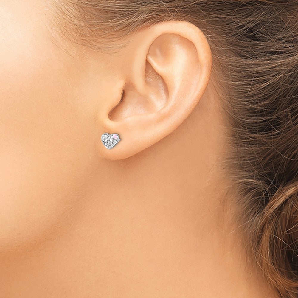 Sterling Silver Madi K RH-plated Enamel & Crystal Heart Post Earrings